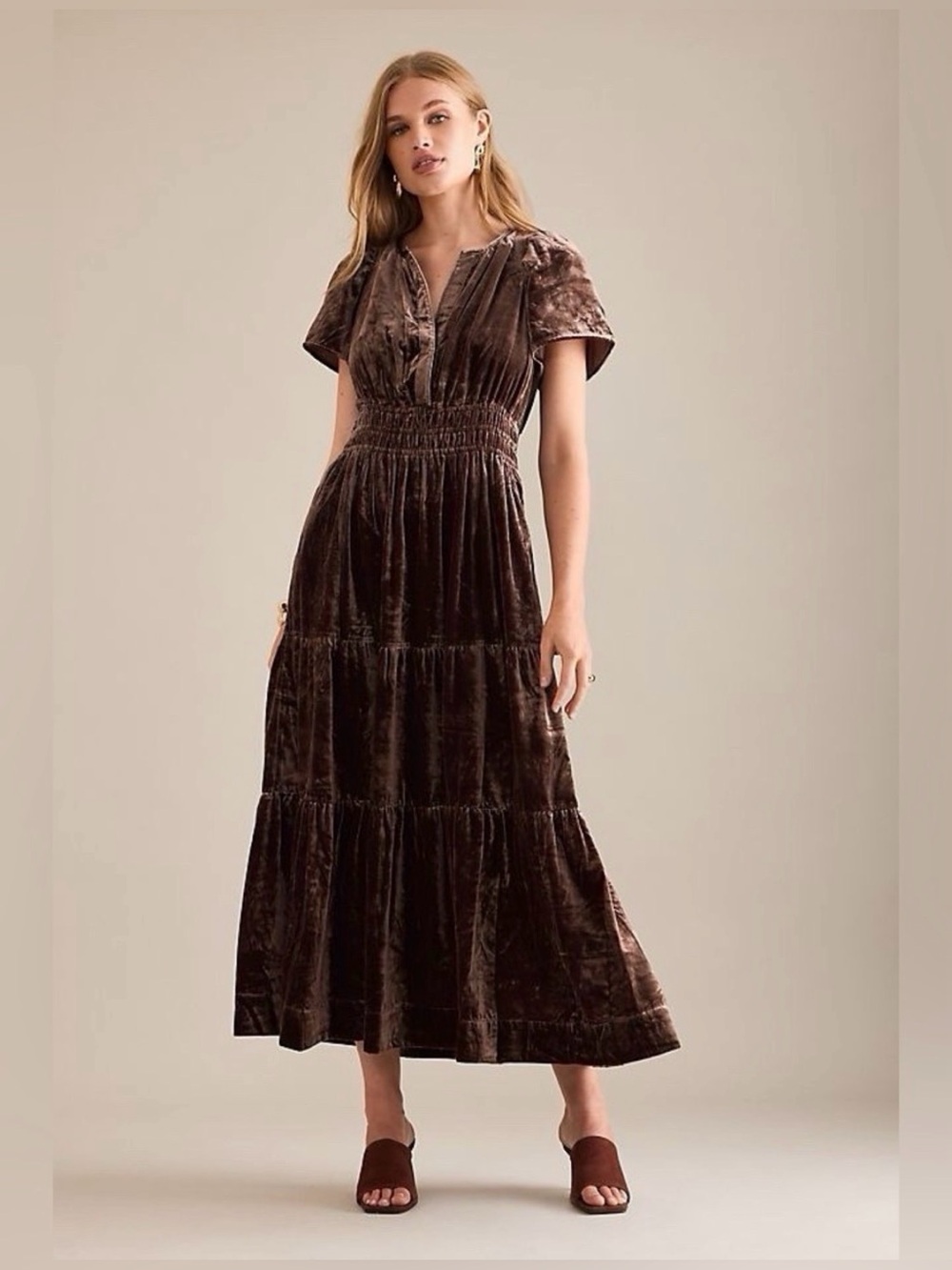 Anthropologie Somerset Maxi Dress Brown Velvet Tiered Large Petite